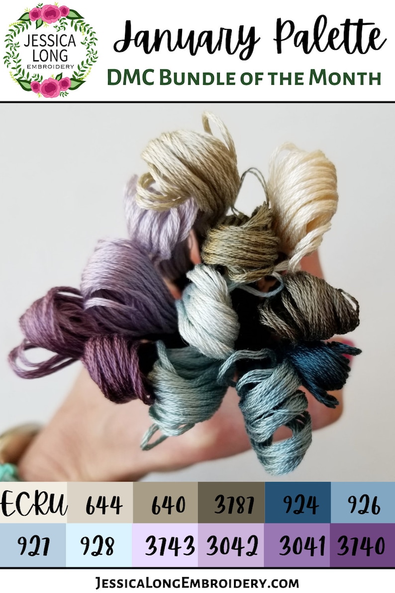 May include: A collection of embroidery floss in shades of beige, lavender, teal, and brown. The floss is arranged in a hand, and the DMC color numbers are listed below the floss.