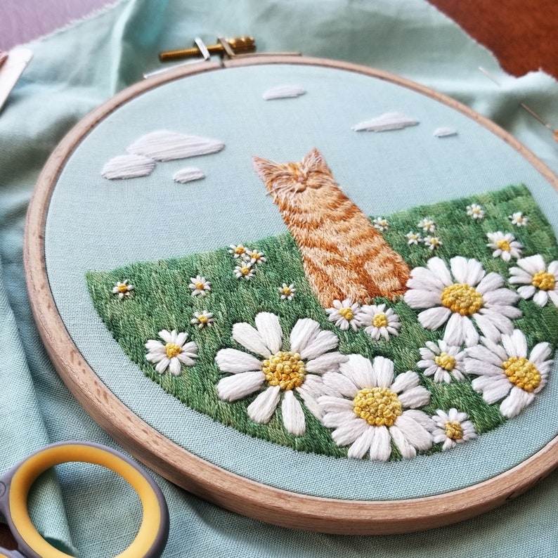 Digital Hand Embroidery Pattern: Orange Tabby Happy Place Thread Painting Hoop Art Digital Download PDF DIY Modern Embroidery image 6