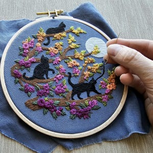 Black cats hand embroidery kit "Catwalk" embroidery pattern and supplies with online video tutorial
