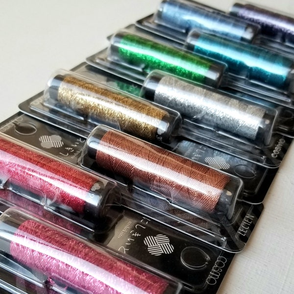 Bold rainbow metallic thread collection for hand embroidery and cross stitch, Lecien Cosmo Shabon-dama, pack of sparkly floss