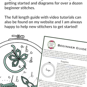 May include: A beginner's guide to hand embroidery with tips and diagrams for stitches. The guide includes information on supplies like hoops, fabric, and floss. The text includes the website address www.jessicalongembroidery.com.