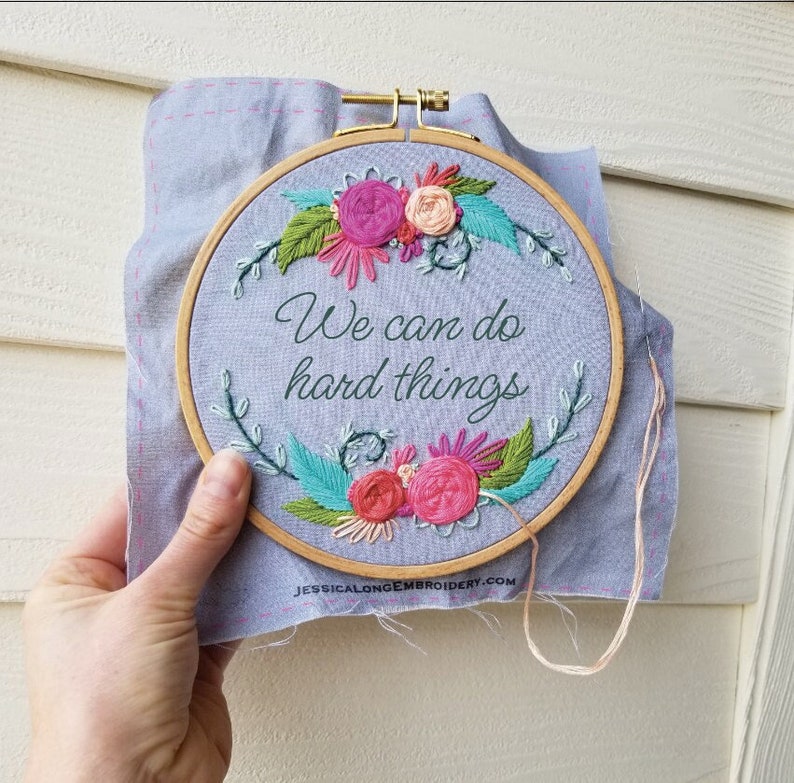 Floral Hand Embroidery Kit DIY: I am enough, Beginner Needlepoint Design and stitch guide, Modern Embroidery Pattern with Video Tutorial image 1