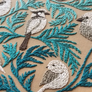 以下が含まれることがあります： 白鳥と茶色のくちばし、足が特徴の刺繍作品。ターコイズグリーンの葉っぱに囲まれています。鳥は、1本1本の羽根がわかるほど、リアルな刺繍で表現されています。