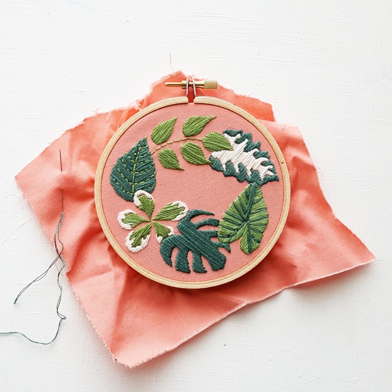 Hand Embroidery KIT: Tropical Plants Pink 4 inch, Beginner Needlepoint Design Modern Contemporary Embroidery Pattern Satin Stitch Plants image 1