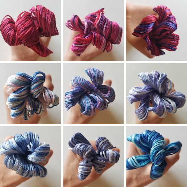 DMC color variations cotton embroidery floss: 4210 through 4237. Single skein of cross stitch floss. Variegated six stranded thread.