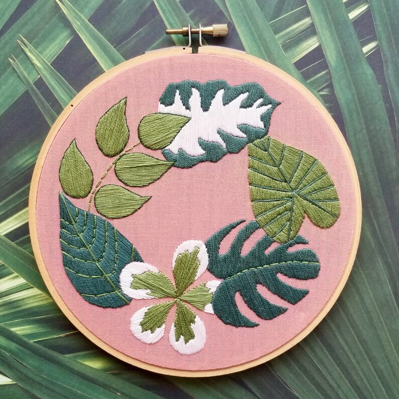 Plants on Pink Embroidery Kit Modern Hand Embroidery Design Etsy