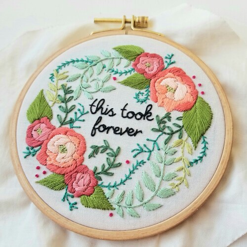 Snarky hand embroidery kit with 5 inch hoop, this took forever, funny diy needlepoint set, travel gift for her, floral craft supplies