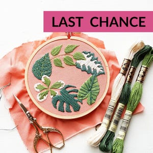 Hand Embroidery KIT: Tropical Plants Pink 4 inch, Beginner Needlepoint Design - Modern Contemporary Embroidery Pattern - Satin Stitch Plants