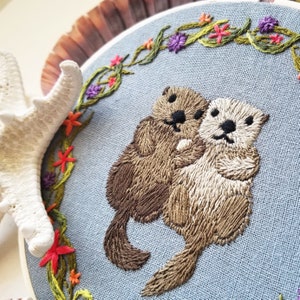 Cute otter embroidery pattern, thread painting pattern PDF, otter cross stitch design, DIY gift set for new mom, ocean embroidery project image 1