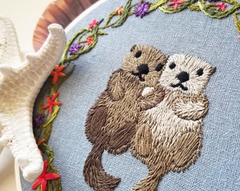 Cute otter embroidery pattern, thread painting pattern PDF, otter cross stitch design, DIY gift set for new mom, ocean embroidery project