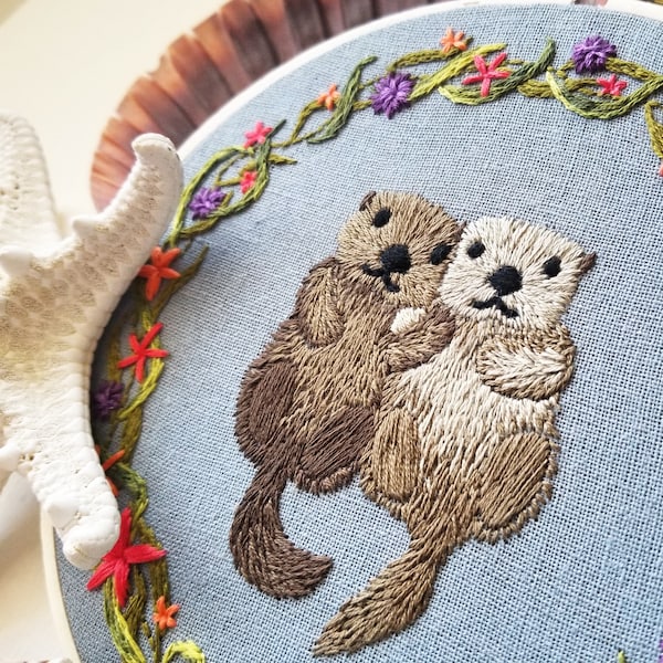 Cute otter embroidery pattern, thread painting pattern PDF, otter cross stitch design, DIY gift set for new mom, ocean embroidery project