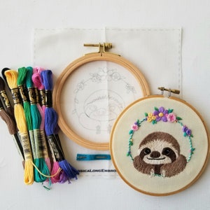 Cute sloth hand stitching kit, DIY modern embroidery hoop art image 2