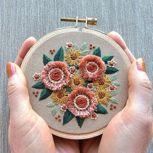 Fall flowers sampler hand embroidery pattern, &quot;Harvest Bouquet&quot; digital download with online video tutorial