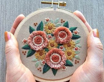 Fall flowers sampler hand embroidery pattern, "Harvest Bouquet" digital download with online video tutorial