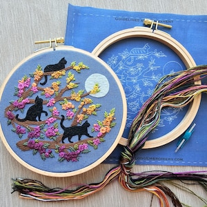 Black cats hand embroidery kit Catwalk with orange tabby option, embroidery pattern and supplies with online video tutorial image 4