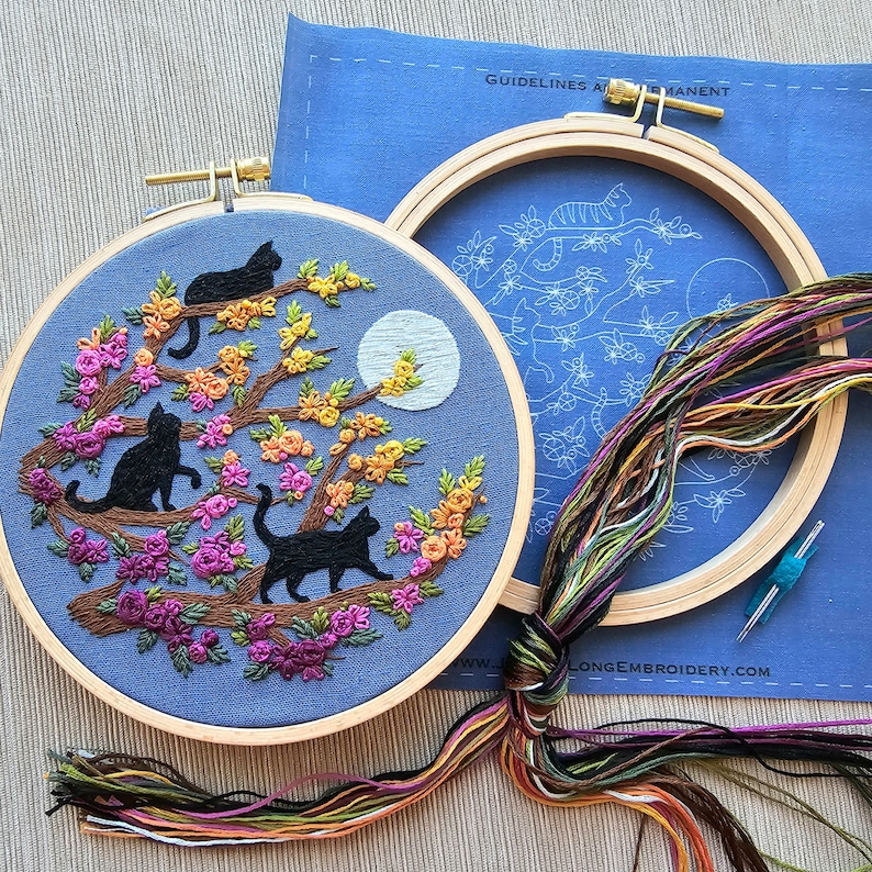 Black cats hand embroidery kit Catwalk with orange tabby option, embroidery pattern and supplies with online video tutorial image 4