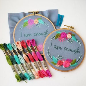 Floral Hand Embroidery Kit DIY: I am enough, Beginner Needlepoint Design and stitch guide, Modern Embroidery Pattern with Video Tutorial image 2