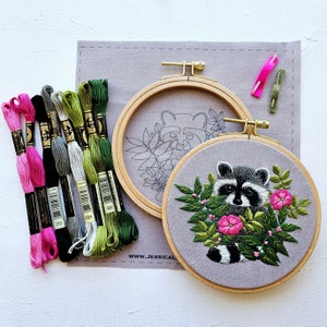 DIY Raccoon Hand Embroidery kit, Animal thread painting template, supplies and online video tutorial image 4