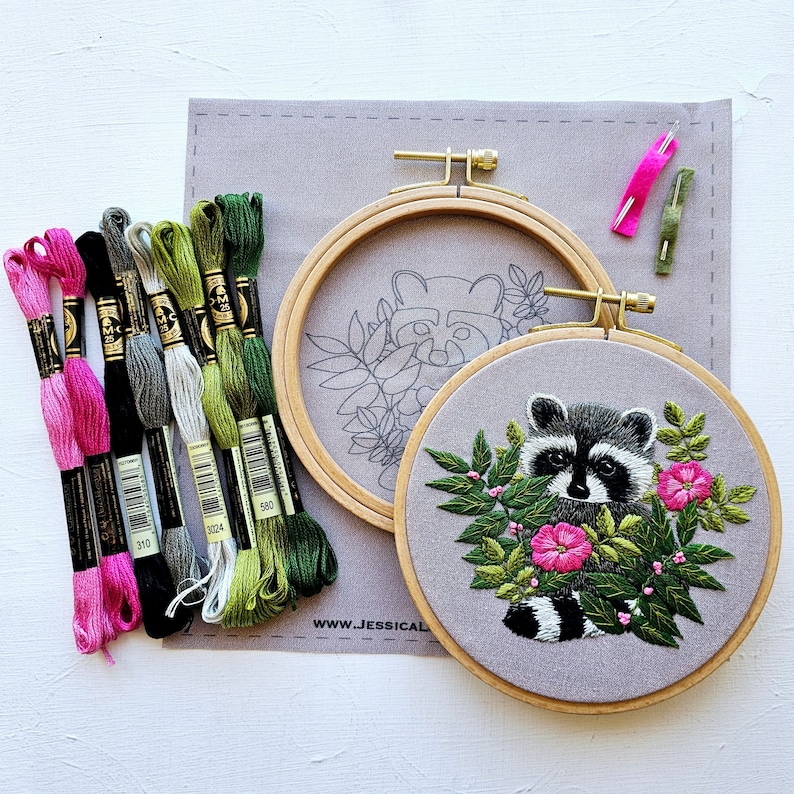 DIY Raccoon Hand Embroidery kit, Animal thread painting template, supplies and online video tutorial image 4