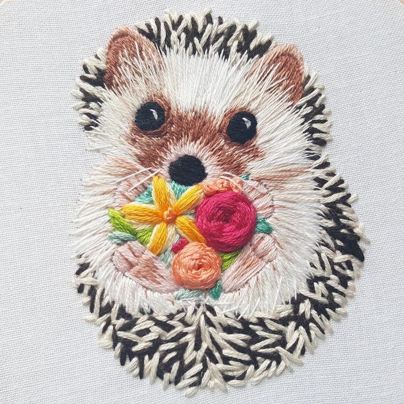 Hedgehog PDF embroidery pattern, cute hedgehog cross stitch design, hand embroidery designs, thread painting PDF, modern needlepoint image 1