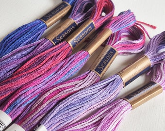 Lecien Cosmo Seasons Floss Collection, Bright purple & pink pack of variegated floss skeins, Japanese fibers, embroidery and cross stitch