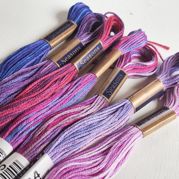 Lecien Cosmo Seasons Floss Collection, Bright purple & pink pack of variegated floss skeins, Japanese fibers, embroidery and cross stitch