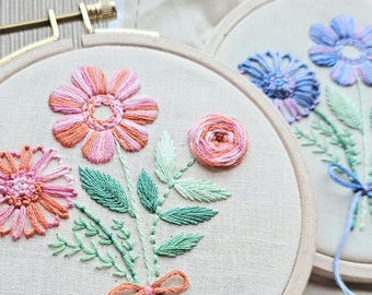 Kit de bordado a mano para principiantes con trío floral y clase en línea, set de manualidades de muestrario de bordado floral fácil de hacer