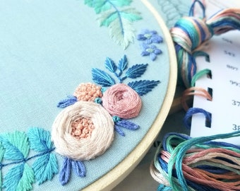 Rose hand embroidery kit, diy floral wreath set, wall art for baby room, needlepoint pattern online tutorial, beginner stitching supplies