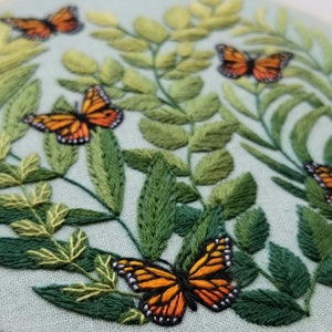 Butterfly hand Embroidery design, modern embroidery pattern, digital download PDF, DIY monarch needlecraft project, instruction and template
