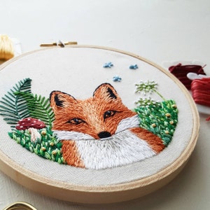 Red Fox digital hand embroidery pattern, beginner animal fur thread painting tutorial, DIY woodland hoop art image 3