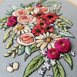 May include: A close-up of a floral embroidery design featuring a variety of flowers in shades of pink, red, white, and yellow. The flowers are embroidered on a light blue fabric.