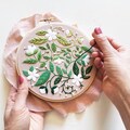 Beginner floral embroidery kit "Blissful Blooms", feminine fiber art craft project with printed fabric, needles, floss & hoop