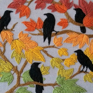 Autumn Birds embroidery hoop kit, crow embroidery pattern, fall seasonal craft project, fall leaves needlework design, self care gift image 7