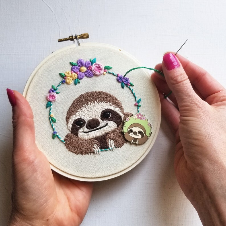 Cute sloth hand stitching kit, DIY modern embroidery hoop art image 6
