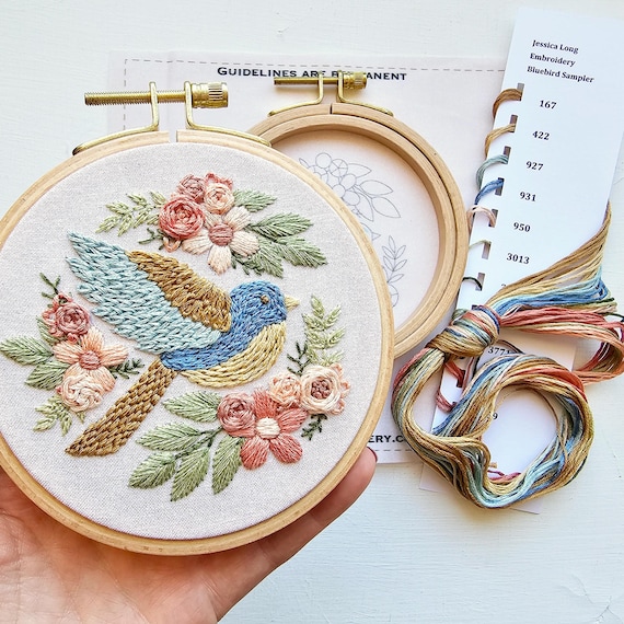 Bluebird beginner hand embroidery kit with online class, easy floral embroidery sampler craft set