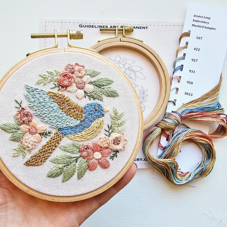 Bluebird beginner hand embroidery kit with online class, easy floral embroidery sampler craft set image 1