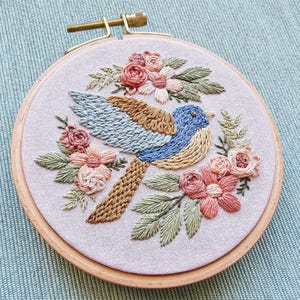 Bluebird sampler hand embroidery pattern, beginner craft digital download with online video tutorial