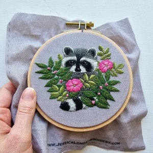 Raccoon digital hand embroidery pattern with online video tutorial, DIY thread painting template and instructions