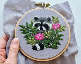 Raccoon digital hand embroidery pattern with online video tutorial, DIY thread painting template and instructions