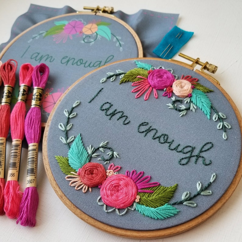 Floral Hand Embroidery Kit DIY: I am enough, Beginner Needlepoint Design and stitch guide, Modern Embroidery Pattern with Video Tutorial image 8