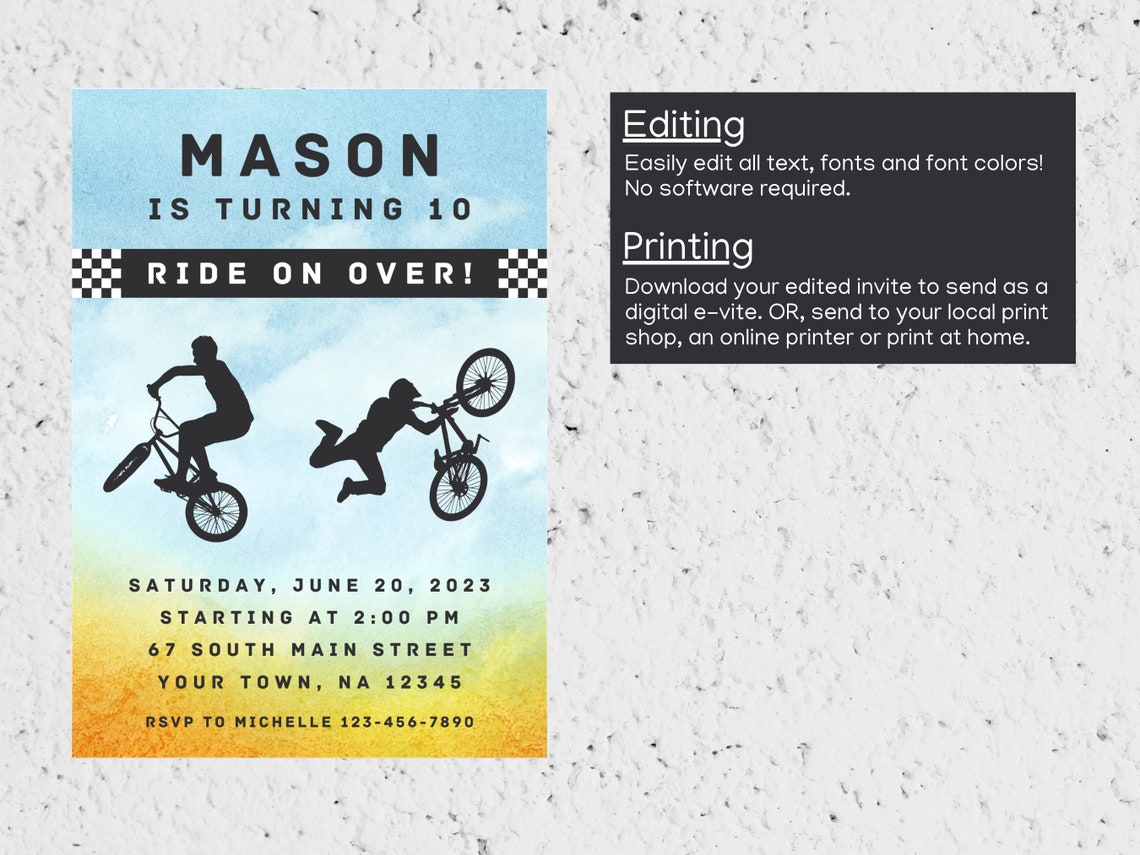 EDITABLE BMX Bike Birthday Invitation, Mountain Bike Party Invite ...