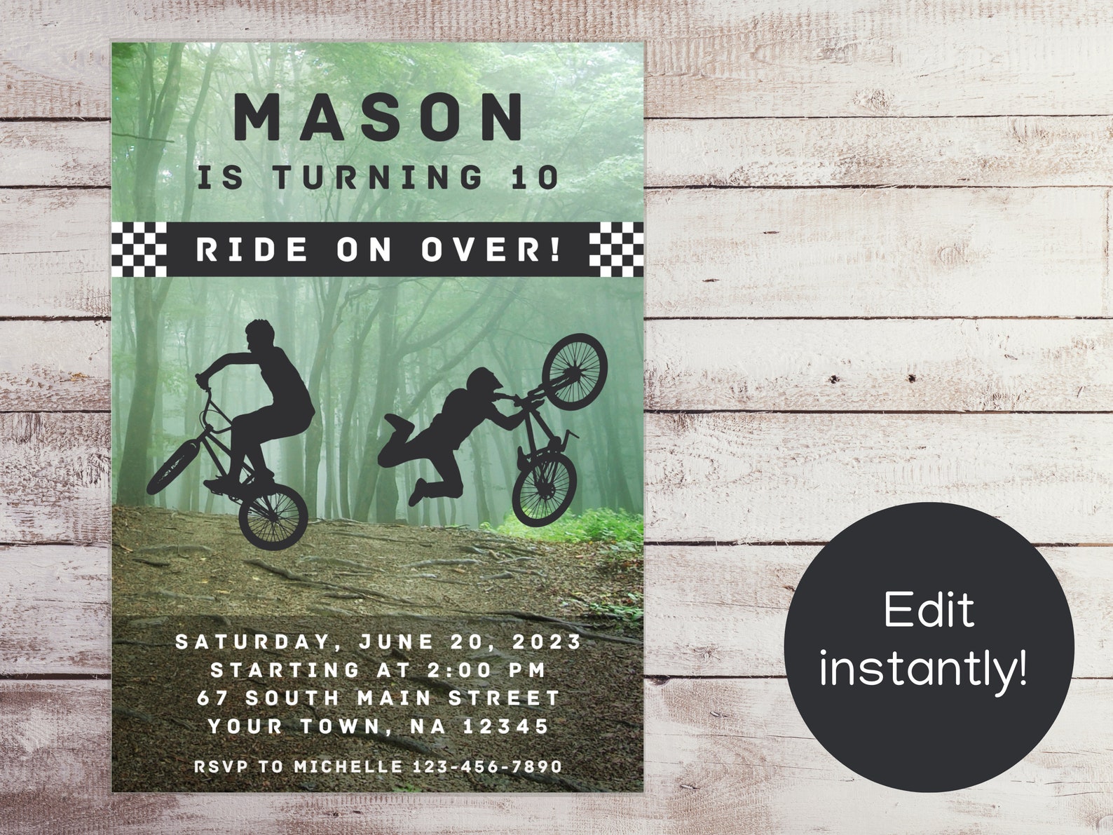 EDITABLE BMX Bike Birthday Invitation, Mountain Bike Party Invite ...