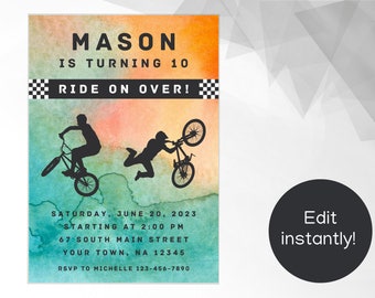 EDITABLE BMX Bike Party Invitation, Mountain Bike Party Invite, Dirt Bike Party, Birthday, Instant Download, Printable, Canva, Template