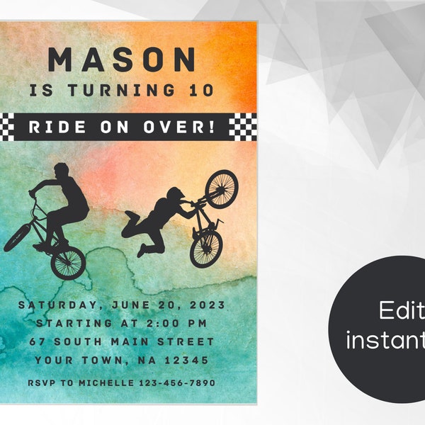 Invitation de fête de vélo BMX MODIFIABLE, invitation de fête de vélo de montagne, fête de vélo de terre, anniversaire, téléchargement immédiat, imprimable, toile, modèle