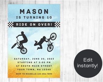 EDITABLE BMX Bike Birthday Invitation, Mountain Bike Party Invite, Instant Download, Printable, Canva, Template, Skateboard, Scooter, Biking