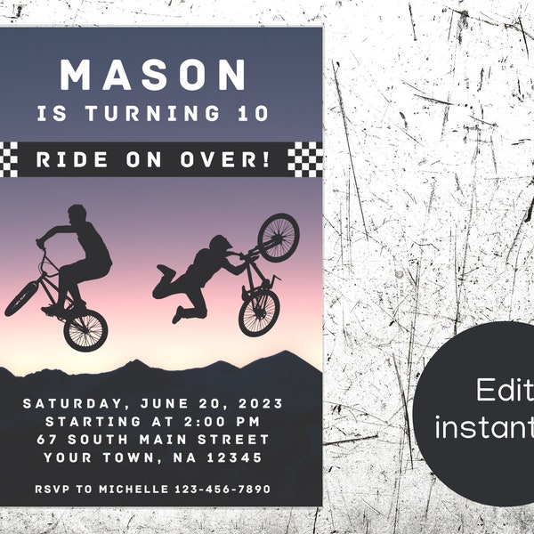 EDITABLE BMX Bike Birthday Invitation, Mountain Bike Party Invite, Instant Download, Printable, Canva, Template, Skateboard, Scooter, Biking