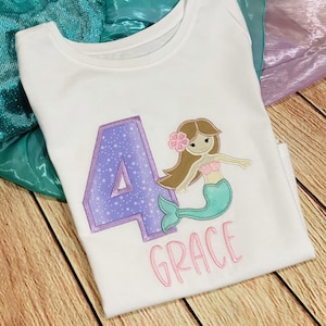 Mermaid Embroidered Shirt, Girls Mermaid Shirt, Kids Embroidered Birthday Shirt, Birthday Shirt
