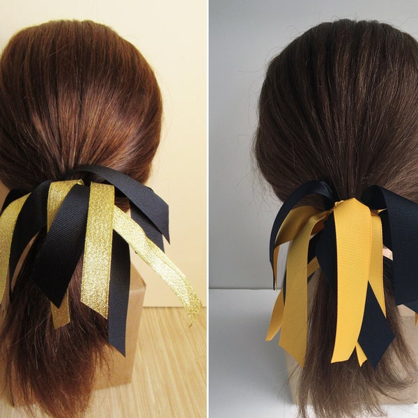 Black and Gold Ponytail Streamer, Cheer Ponytails, Ponytail Holder, Hair Streamer, Softball Bows, Volleyball Hair Ties, Team Bows