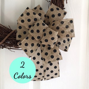Polka Dot Farmhouse Decor, Burlap Bows, Country Wreath Bow, Bows for Wreaths, Rustic Decor, Premade Bows, Burlap Wreath Bow, Decorative Bow