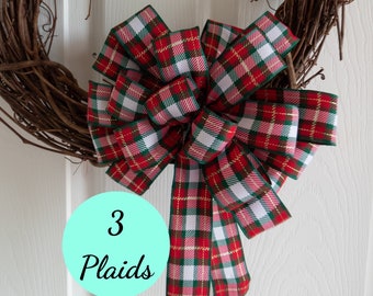 Christmas Plaid Wreath Bows, Bows for Wreaths, Tree Topper Bow, Red Tartan, Decorative Bows, Ready Made Bows, Lantern Swag, Package Bows